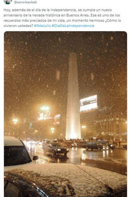 Recuerdo de la última nevada en Buenos Aires por parte de un usuario de X