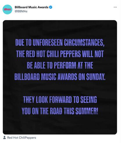 Red Hot Chilli Peppers ya no se presentará en los Billboard Music Awards 2022