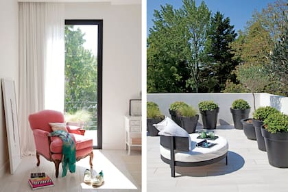 Refugio privado para las tardes de sol, la terraza de la suite es uno de los pocos lugares de la casa que no tiene doble circulación. Rodeado de macetas (Vanina Boffa), el modelo Victoria redondo (Masai Deco).