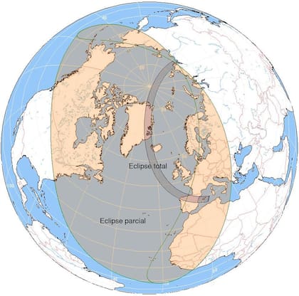Regiones donde el eclipse solar será total y parcial