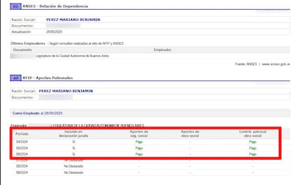 Registro de la base Nosis sobre los aportes que la Legislatura porteña le realizó como empleador a Mariano Pérez.