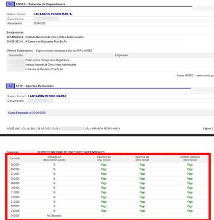 Registros de la base Nosis sobre aportes pagados por el INCAA como empleador de Pedro Lantaron.