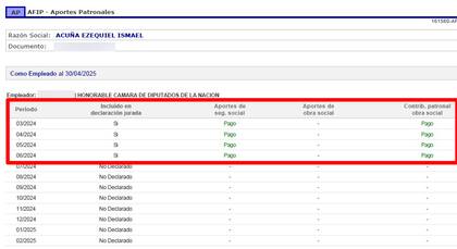 Registros de la base Nosis sobre aportes pagados por la Cámara de Diputados de la Nación como empleador de Ezequiel Ismael Acuña.