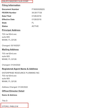 Registros públicos del estado de Florida sobre Grupo Madero Sur Corp.