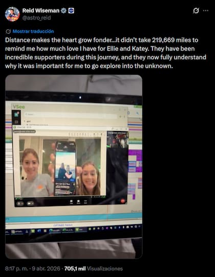 Reid Wiseman hizo la videollamada a mayor distancia de la Tierra: a más de 350.000 km pudo hablar y ver a sus hijas desde la cápsula Orion de la Artemis II