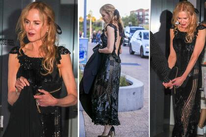 Nicole Kidman asistió a una velada de moda con la editora de Vogue Australia en el restaurante Icebergs en Bondi. La actriz llegó en limusina y lució un glamoroso vestido negro con transparencias, lentejuelas y espalda escotada; al que cubrió con la chaqueta del traje de su esposo, Keith Urban.