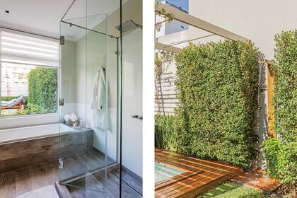 Relax total en este baño. La bañera tiene vista al verde y una ducha con mampara para que la mirada fluya como el agua. El piso es de porcelanato imitación madera (SBG).