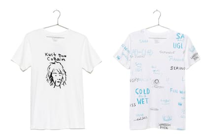 Remeras de la colección Kurt Was Here, con bocetos, pinturas y notas escritas a mano de Kurt Cobain