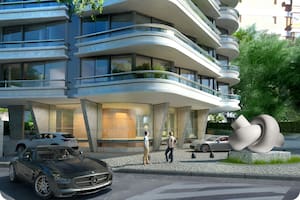 Render de cómo quedará Geometría afectiva, escultura de Elba Bairon ganadora del Premio Chomer, cuando se instale en la entrada de la torre Selene