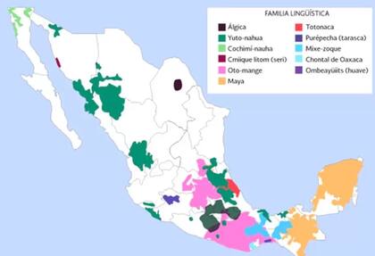 Repartición de las familias lingüísticas en México.