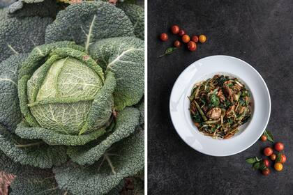 Repollo o col de Saboya o de Milán; y un plato de wok con varias de esas verduras recién cosechadas. Delicias de la huerta de Greens City Bell.