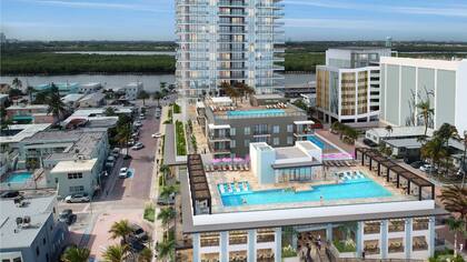 Representación arquitectónica muestra un complejo residencial y comercial que sustituiría nueve pequeños moteles a lo largo del Broadwalk Beach, en Hollywood Beach