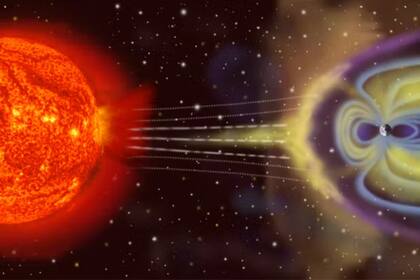 Representación de la interacción del viento solar con la magnetosfera de la Tierra
