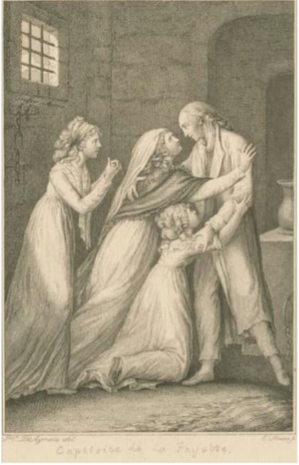 Representación de principios del siglo XIX de la reunión en prisión de Lafayette con su familia