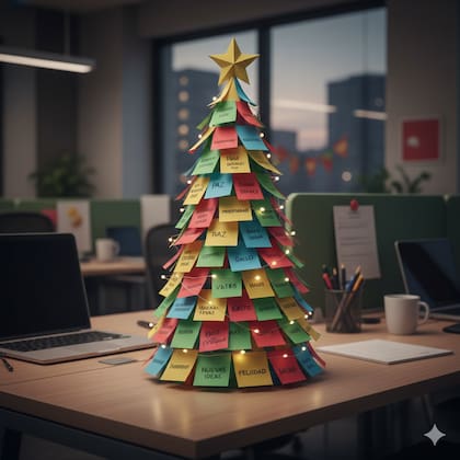 Representación del árbol de Navidad con Post-its o papeles de deseos
