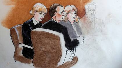 Representación gráfica del juicio. Taylor Swift, junto a su abogado y su madre