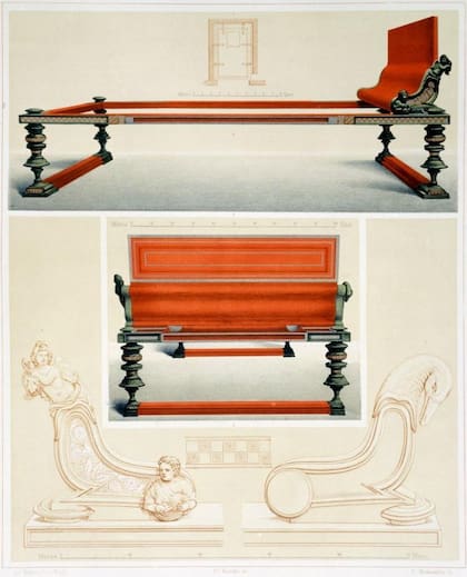 Reproducción de una cama de madera con adornos de bronce plateado, de Las Casas y Monumentos de Pompeya