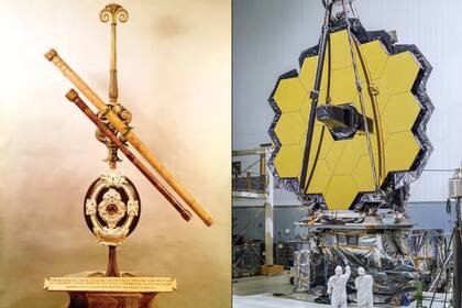 Reproducción de uno de los telescopios de Galielo en el Museo Galileo de Florencia. A la decha. el telescopio James Webb