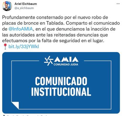 Repudio del presidente de la AMIA, Ariel Eichbaum, por el robo de placas de bronce en el Cementerio Israelita de La Tablada