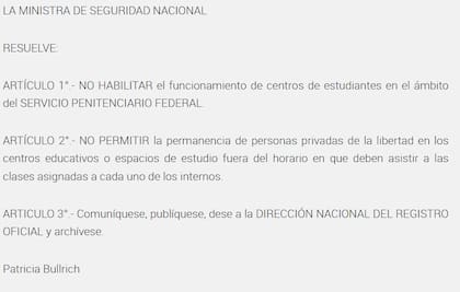 Resolución 372/2025 dictada por la ministra Patricia Bullrich.