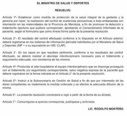 Resolución del Ministerio de Salud de Mendoza sobre el nuevo control de sustancias psicoactivas para las embarazadas que se atiendan en instituciones públicas