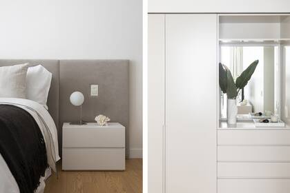 Respaldo (Bull), mesas de noche laqueadas (Estudios Ledesma/Lesel), lámpara (Flo’s Market). Placar con dos profundidades (para colgado y guardado); nicho de fondo espejado, vaso contenedor 'Buco Luna' (Hecho).