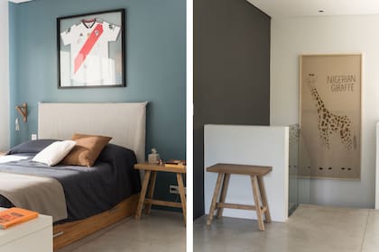 Respaldo con funda en tussor, acolchado y almohadones blanco y marrón (Honore Home Design). Mesa de luz (Sol Palou Deco). Piso de cemento alisado. En la escalera, cuadro jirafa (Estudio Polonia).