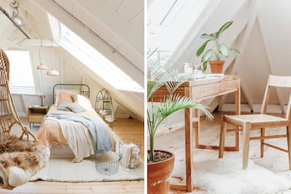 Respaldo de cama (Tienda de hierros). Alfombra (Awanay). Cubresomier y cubreedredón (Nikanora). Manta (House of Gringa). Canastos de alambre (Ambar Homepray). Mesas de luz (Fabriq3). Lámparas de terracota (Savia Estudio).