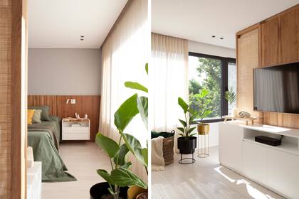 Respaldo de petiribí con una tira LED, mesas de noche flotantes y cómoda en madera laqueada de blanco (todo de Muchnik y Wainstein). Foto: Magalí Saberian.