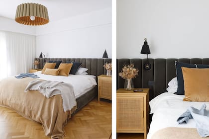 Respaldo (Estudio Losa). Almohadones negro grafito (Cesca Estudio para Tupé Home). Manta gris y blusa (Tiempo). Mesas de luz (Yūgen). Lámparas de pared (Nómade Deco) y de techo (Iluminación Agüero).