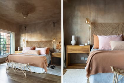 Respaldo y lámpara de techo (Ananá Oda). Ropa de cama (Teodolina). Mesas de luz (Vibra Bohemia). Banco (Apatheia). Florero de cerámica (Philippa Deco Boutique). Cortinas (Ellas).