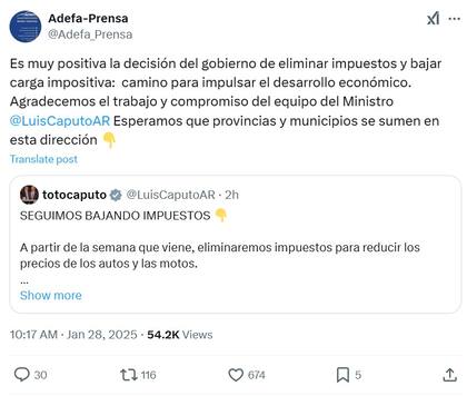 Respuesta de Adefa a Luis Caputo, ministro de Economía