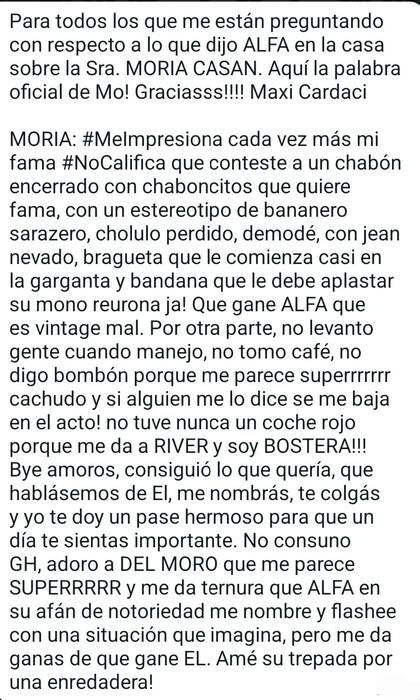 Respuesta de Moria Casán hacia Alfa