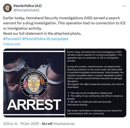 Respuesta del Departamento de Policía de Peoria en X