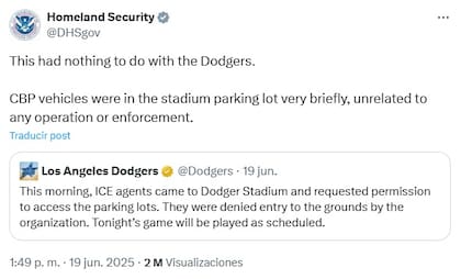 Respuesta del Departamento de Seguridad Nacional a Los Angeles Dodgers. Foto: X