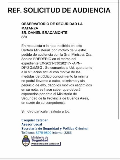 Respuesta del ministerio de Seguridad a los vecinos de La Matanza