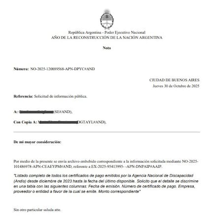 Respuesta del pedido de acceso a la información pública que contiene los certificados de pago autorizados por Andis