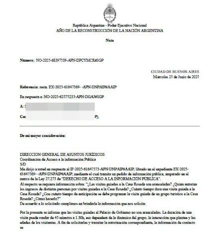 Respuesta pedido de acceso a la información pública sobre visitas guiadas a la Casa Rosada