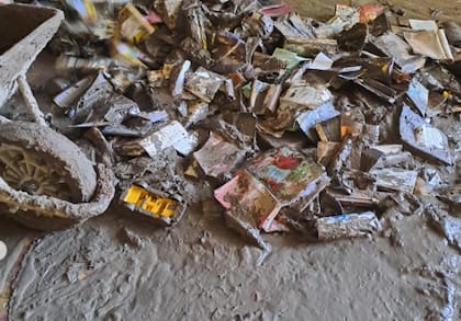 Restos de libros, entre el barro, después de la inundación en Bahía Blanca