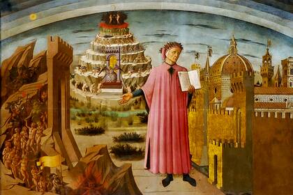 Retrato de Dante con la ciudad de Florencia y alegoría de la Divina Comedia, en el fresco del pintor Domenico di Michelino (1465)