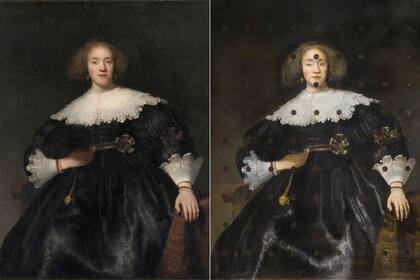 "Retrato de mujer con abanico". La primera versión es la de Rembrandt y se exhibe en MET de NY; la segunda es de Martín La Rosa, y se puede ver en Muntref y es a lunares hechos con tierra