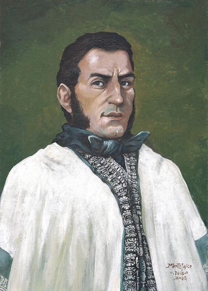 Retrato de San Martín con poncho pehuenche, realizado por Carlos Montefusco para ilustrar el libro Manual de Telar Mapuche Ponchos de Labor