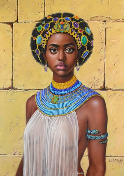 Retrato en óleo de una mujer imaginada, parte de la serie "Eternas", donde el artista combina técnicas clásicas con una estética contemporánea y latinoamericana