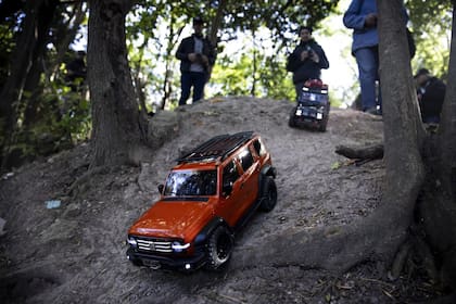 Reunión de personas con sus réplicas a escala de autos en el vial costero de Vicente López.