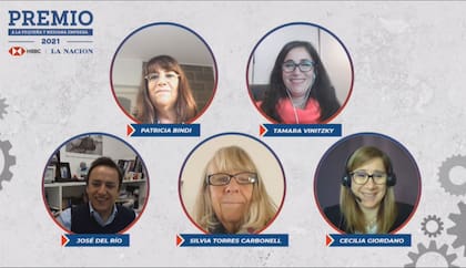 Reunión virtual del jurado para elegir a los ganadores de 2021. Patricia Bindi (HSBC), Tamara Vinitzky (KPMG Argentina), Silvia Torres Carbonell (IAE), José Del Rio (LA NACION), y Cecilia Giordano (Mercer)