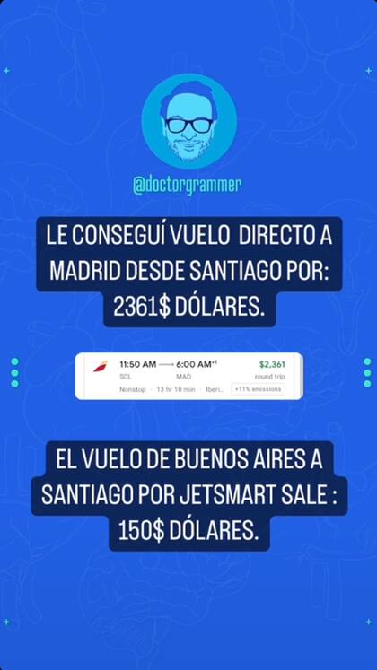 Reveló en las redes la estrategia con la que le hizo ahorrar US$2300 en pasajes a su primo (Foto: Instagram @doctorgrammer)