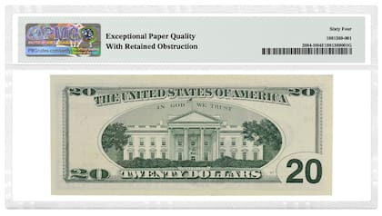 Reverso del billete de 20 dólares subastado en U$S396 mil