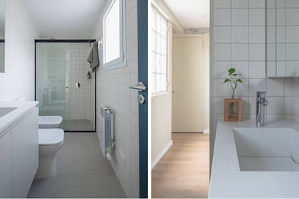 Revestimiento de cerámicas ‘QZ’ de 10x10 (Modo M). Mampara ‘Línea 4000’ (Glassic). Vanitory de melamina ‘Gris Ceniza’ (Faplac) con mesada de Purastone ‘Blanco Cana’ (Marmolería Gaona). Piso de porcelanato ‘Urban Light Grey’ de Vite (SBG).