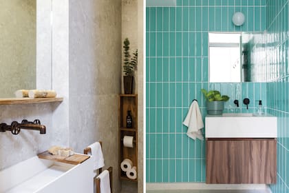 Revestimiento Portobello ‘Pietra Lombarda’ (SBG). Bacha en Corian hecha a medida (Metama). Grifería Thol ‘L18′. Aplique (Nuvo Iluminación). Bacha (Itati Marmolería). Mueble (Zonda). Cerámicos (Acuarela).