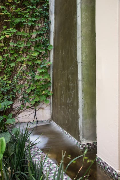  El receptáculo de agua se disimula con plantas para dar la sensación de que las columnas flotan, como una escultura en el jardín.